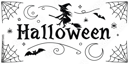 Bold and festive Halloween image with decorative swirls, bats, star, moon and witch silhouette a striking choice for social media posts and digital campaigns.