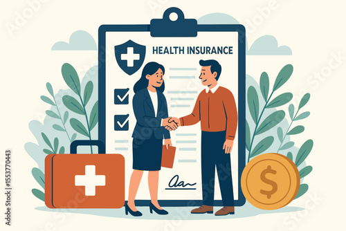 Health insurance policy concept with agent and client shaking hands over an agreement. Employee benefits and medical care contract. Financial protection and healthcare plan vector illustration.