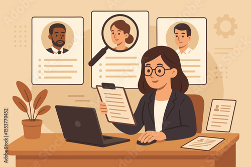 Human resources manager reviewing job candidate resumes. Recruiter woman at desk screening applicants with magnifying glass. Hiring and employment process vector illustration concept.