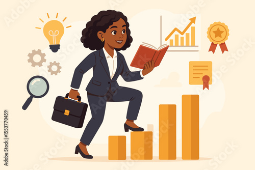 Black businesswoman climbing a career ladder graph. Professional woman walking up bar chart stairs. Concept of business growth, success, achievement, professional development, and ambition.