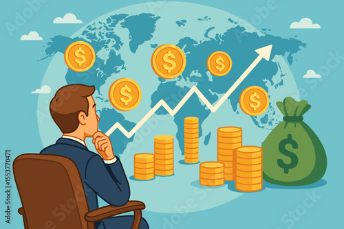 Businessman Analyzing Global Investment Opportunities for Financial Growth and Profit. Stock Market Strategy. Economic Success. Money Coins, Dollar Sign, World Map, Rising Graph. Vector Illustration