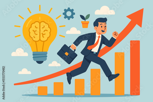 Businessman running up growth chart arrow. Business success, career progress concept. Innovative idea with lightbulb and brain. Strategy, productivity, and goal achievement vector.