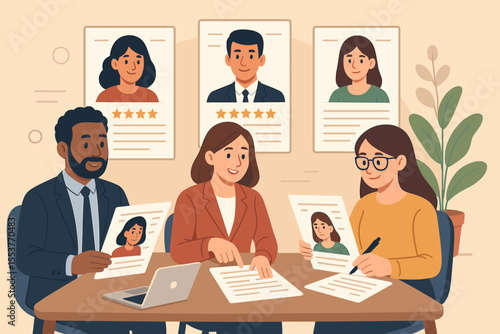 HR professionals collaborating on the candidate selection process. Recruitment team reviewing resumes and CVs to find the best employee. Human resources management and hiring concept.