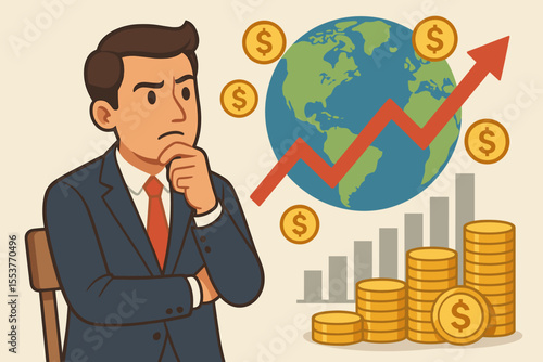 Investor contemplating global investment opportunities for maximum returns. Businessman analyzes financial growth chart, world economy. Vector concept of profit and strategy.