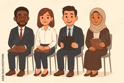 Diverse group of professional job candidates sitting in waiting room for employment interviews. Multicultural business people in formal attire. Recruitment, hiring, human resources vector illustration