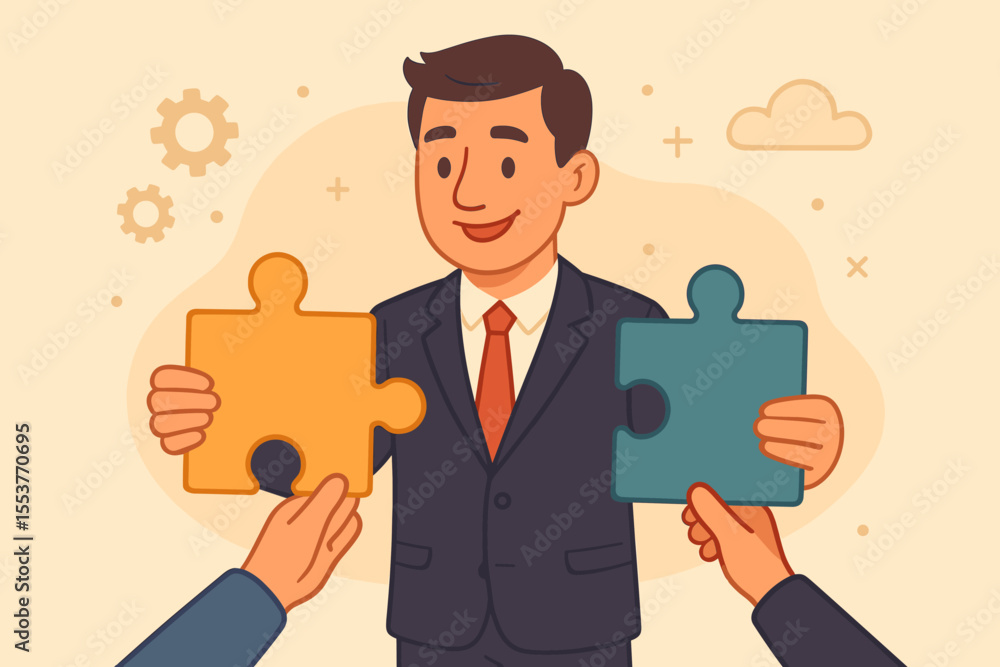 Business manager holding jigsaw puzzle pieces, teamwork and collaboration concept, corporate leadership, problem solving, partnership, strategy, vector cartoon illustration, office cooperation Business manager holding jigsaw puzzle pieces, teamwork and collaboration concept, corporate leadership, problem solving, partnership, strategy, vector cartoon illustration, office cooperation