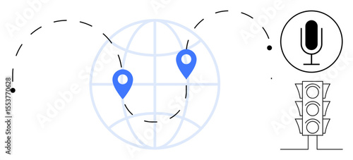 Globe with two location markers connected by dashed lines, microphone icon, and traffic light. Ideal for navigation, communication, logistics, smart tech, AI, mobility innovation simple landing
