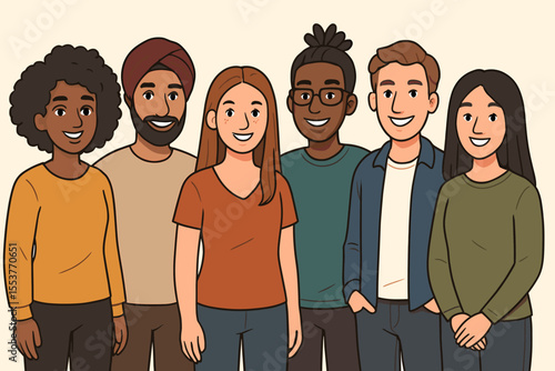 Diverse multicultural group of people standing together. Cartoon vector illustration of unity, teamwork, inclusion, friendship, community, social diversity, collaboration, support, togetherness.