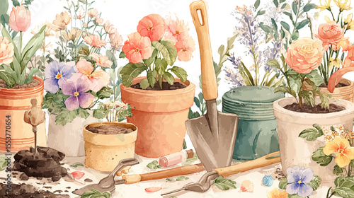 A vibrant bouquet of spring flowers and gardening tools are artfully arranged in a clay pot, perfect for home and nature-inspired decoration