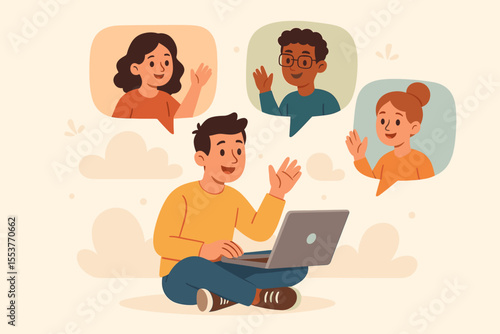 Online video call group chat concept. Young man using laptop for remote communication with friends. Virtual meeting, distance learning, teamwork, social interaction, cartoon vector illustration.