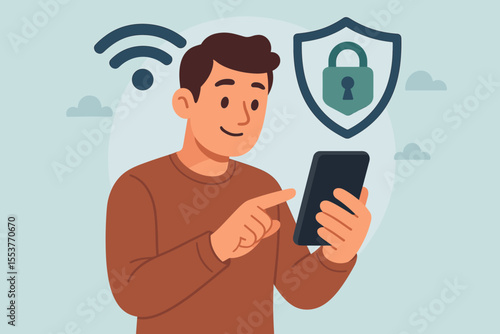 Secure mobile phone connection concept. Man using smartphone with wifi signal and padlock shield. Data privacy, online security, internet protection, wireless network safety vector illustration.