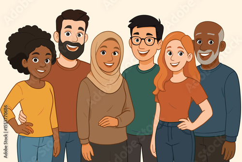 Diverse multicultural group of people standing together. Cartoon vector illustration of multiethnic men and women in casual clothing. Teamwork, unity, inclusion, diversity, friendship concept