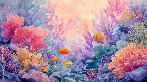 Vibrant tropical coral reef life with colorful flowers in the blue ocean water