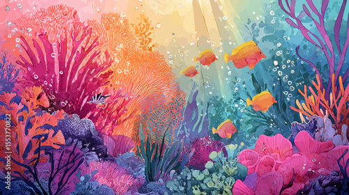 A vibrant underwater scene with colorful coral reefs and tropical fish swimming in the bright blue ocean