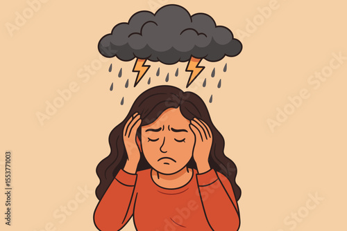 Stressed woman under storm cloud with rain and lightning, hands on head, symbolizing anxiety, emotional crisis, mental health, depression, psychological stress, burnout, sadness, vector illustration