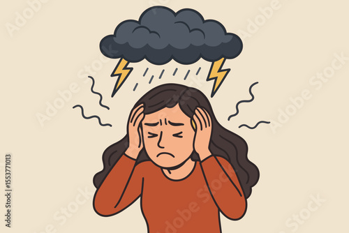 Stressed woman holding head with storm cloud, lightning, and rain symbolizing anxiety, mental health crisis, emotional stress, depression, psychological pressure. Vector cartoon illustration concept