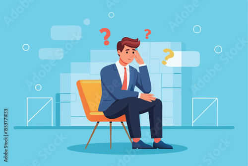 Business man contemplating ideas while seated on a chair in front of a colorful wall at a modern office space during daytime