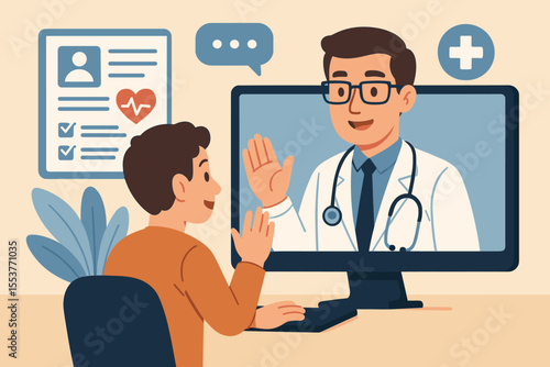 Telemedicine consultation concept. Online doctor appointment with patient using computer, digital health records, medical advice, remote healthcare, telehealth technology, cartoon vector illustration
