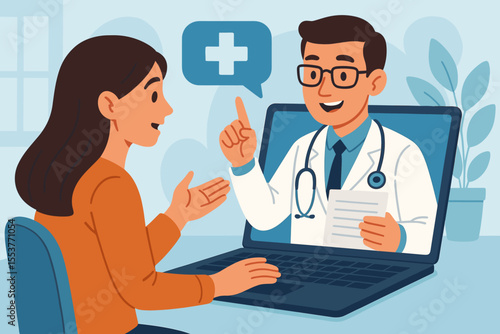 Telemedicine online consultation with doctor and patient. Virtual healthcare service, remote medical advice, digital health technology, telehealth appointment, laptop video call illustration