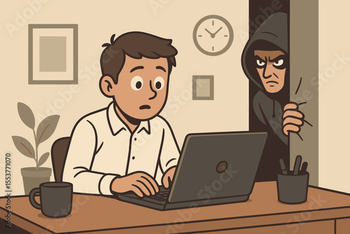 Office worker at computer unknowingly monitored by hooded cyber stalker. Concept of online surveillance, privacy invasion, data security threat, workplace spying. Vector cartoon illustration.