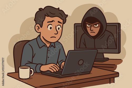Office worker at laptop targeted by cyber stalker, hacker in hoodie on computer screen, online surveillance, internet privacy invasion, data security threat, digital spying vector illustration