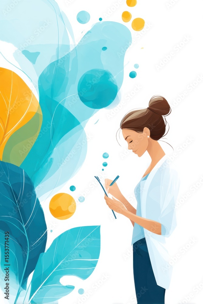 Obraz premium Young female biologist gathers samples in a colorful ecosystem while noting observations