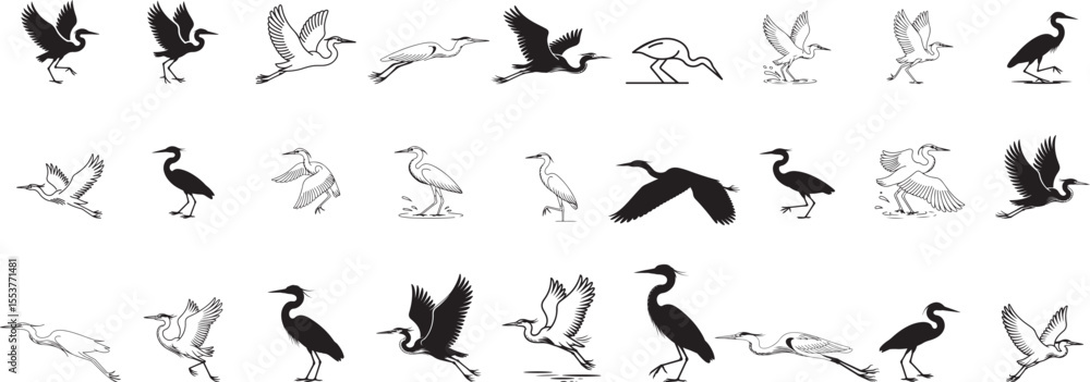 Obraz premium Black and White Heron Bird Silhouettes Line Art Collection