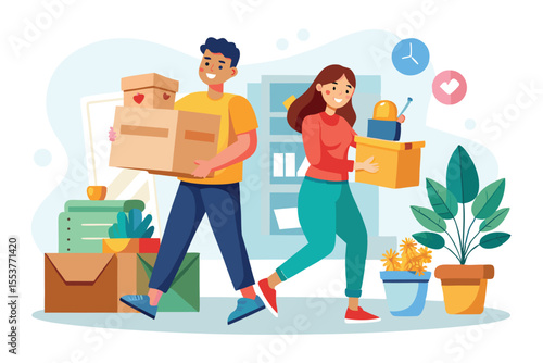 Couple joyfully moving into their new home while carrying boxes and organizing their belongings in a cheerful, bright environment