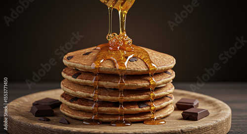 Pancake Stack Drizzled with Honey and Chocolate Chunks