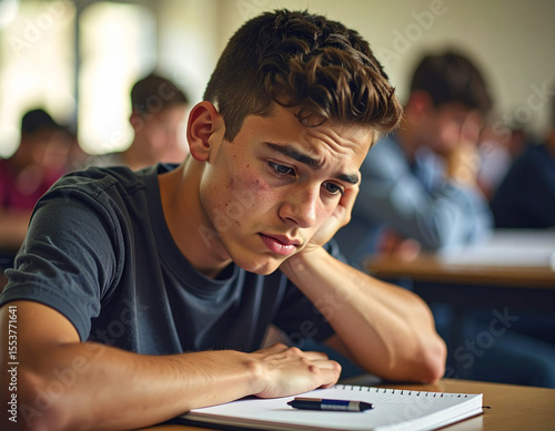 Teen Student in Classroom with Tired and Confused Look