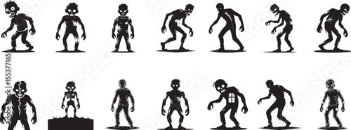 Black Silhouettes of Zombies in Various Poses Halloween Illustration