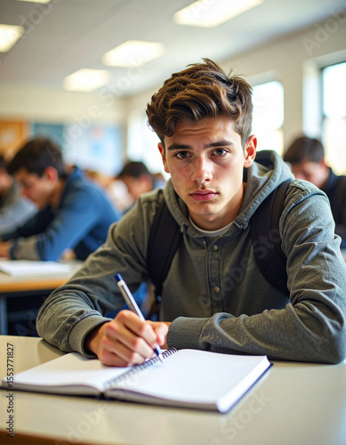 Young male student sitting confused in classroom with head resting on hand and notebook