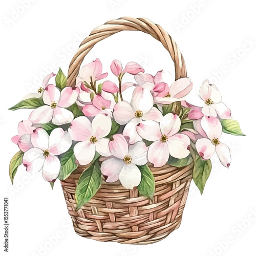 A Dogwood Flower Basket, watercolor vector, isolated on a white background.