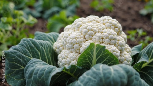 Close-Up of Cauliflower Head in Field