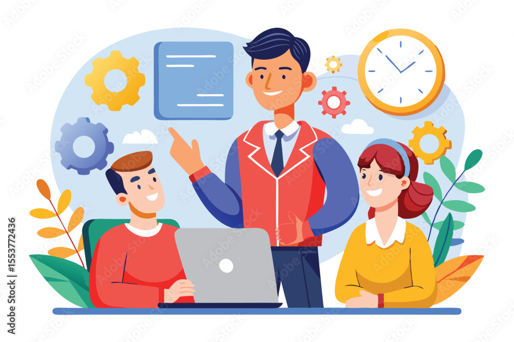 Personal coaching session with a coach guiding two clients in a modern workspace featuring gears and a clock Personal coaching session with a coach guiding two clients in a modern workspace featuring gears and a clock