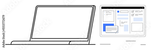 Open laptop displaying website interface, including chat box and organized content. Ideal for web design, online collaboration, remote work, tech innovation, software, communication, and education