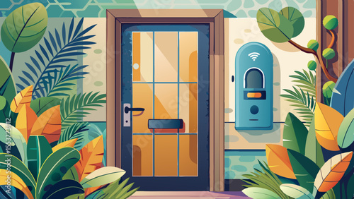 Smart home security with smart locks on house door. A modern door handle opens to a bright, plant-filled interior space, showcasing a blend of natural 