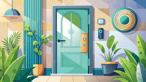 Smart home security with smart locks on house door. A modern door handle opens to a bright, plant-filled interior space, showcasing a blend of natural 