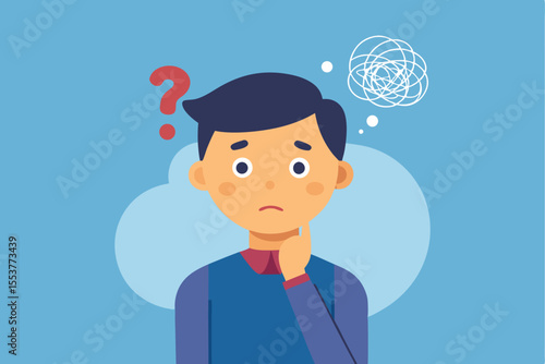 Confused and anxious person deep in thought with puzzled expression and swirling thoughts represented in a flat illustration style
