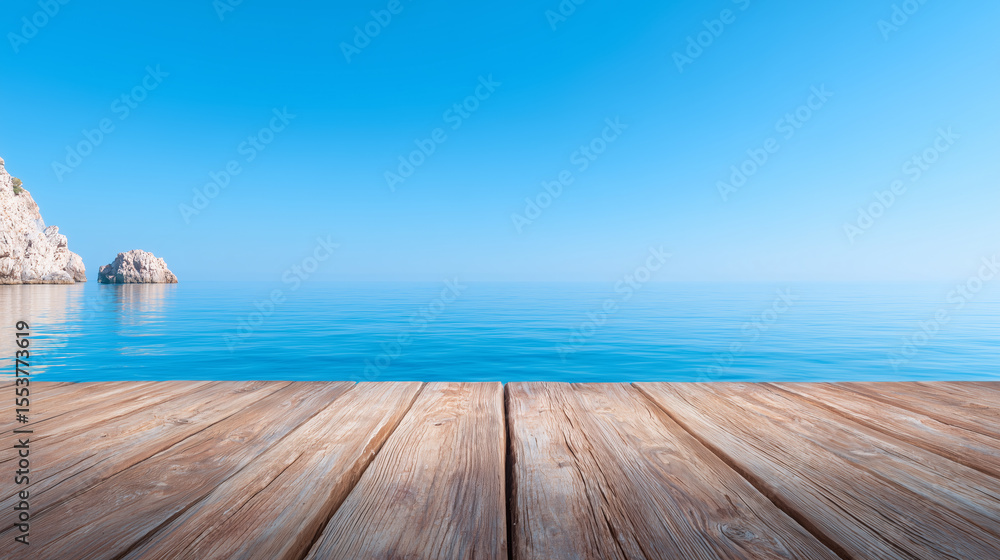 Fototapeta premium The calm waters reflect the bright blue sky as a wooden dock extends over the tranquil sea. Nearby rocky formations add to the peaceful atmosphere of the coastal scene