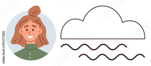 Smiling woman portrait beside abstract cloud and wave line elements. Ideal for sustainability, creativity, weather, environment, wellness, nature, connection. Simple flat metaphor