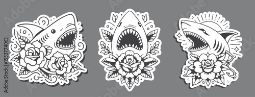 Set of Monochrome Shark Tattoo with Flowers in Grunge Style