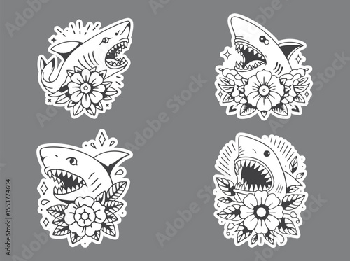 Old school Shark Set Tattoo With Ornamental Flowers – Monochrome Style
