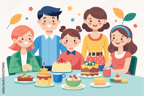 Happy family celebration with children enjoying desserts at a table during a festive gathering in a cheerful atmosphere