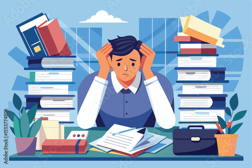 Exhausted office worker struggles under piles of paperwork while seated at a cluttered desk in a modern workspace during the day