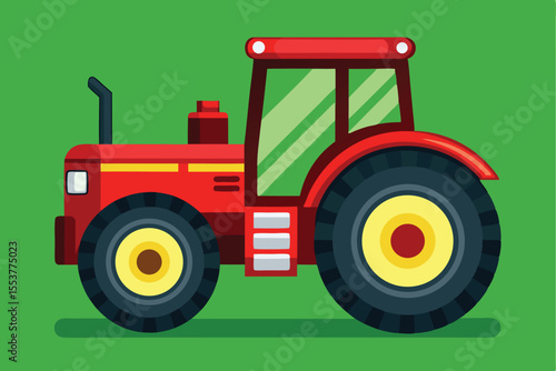 Bright red farm tractor showcased against vibrant green background, highlighting its design and color in a rural setting