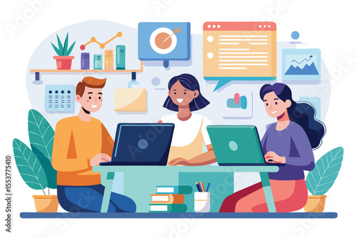 Collaborative team of three individuals working together on laptops in a bright and modern office environment during the day