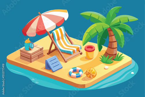 Bright beach objects in fun cartoon style displayed on an isolated tropical island with a relaxing atmosphere during a sunny day