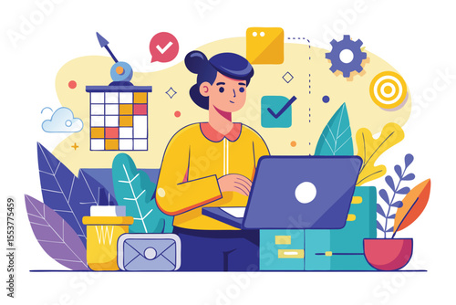 Vector design studio showcasing a yellow concept with a person engaged in creative work and surrounded by design elements and tools