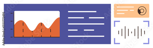 Graph with fluctuating data, textual details, user avatar, and sound wave icon. Ideal for technology, analytics, sound design, creativity digital tools education interface design. Simple flat